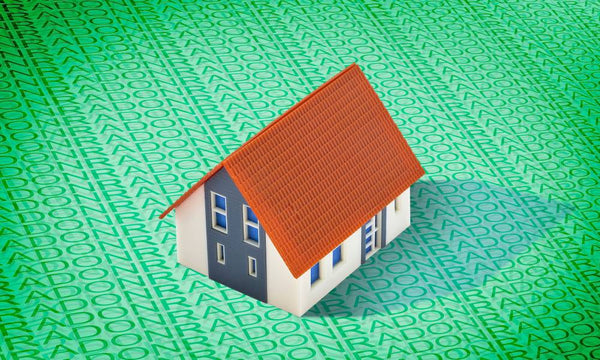 A 3D model of a small and cozy home sits on a large green field dominated by the repeated word radon.