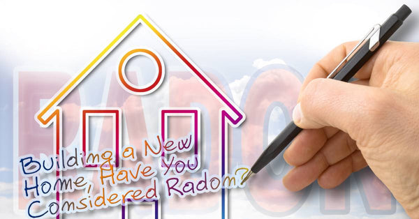 A hand drawing a simple image of a home in rainbow colors with the message, "Building a new home, have you considered radon?"
